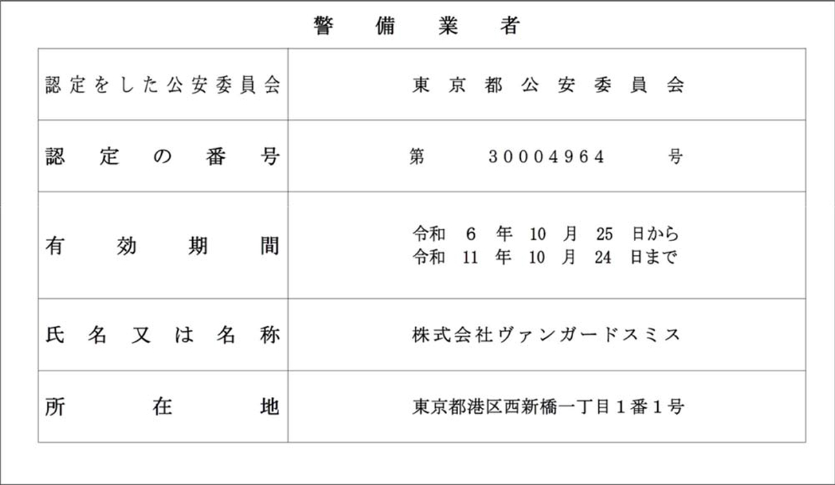 警備業者認定証